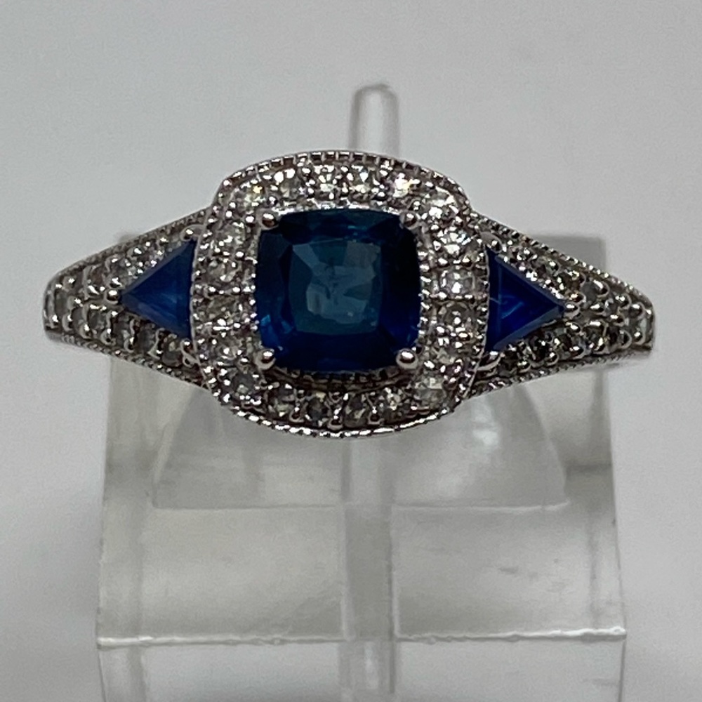 14K White Gold Cushion and Trillion Sapphire and Diamond Ring Size 7.5 NWT